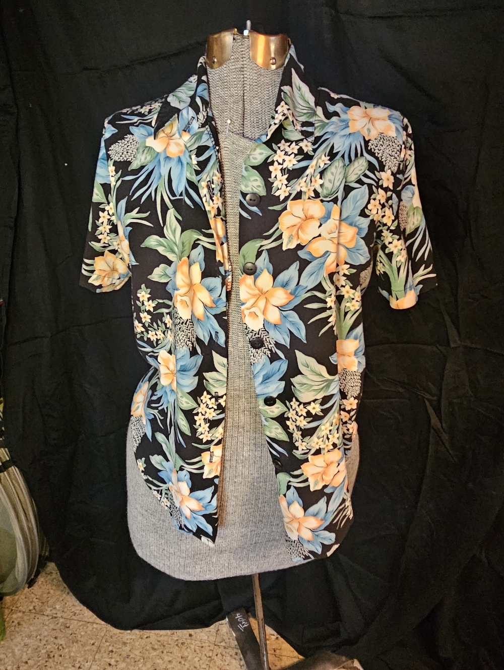 Anna Black Floral Button-Up Shirt with Yellow and Teal Accents
